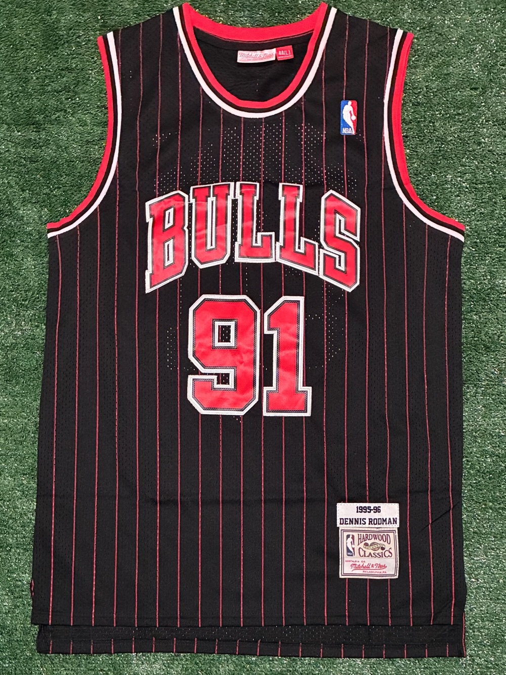 Rodman Black and Red Chicago Bulls #91 Retro Pinstripe Jersey Vintage Style